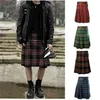 Puimentiua Scottish Men Kilt Traditional Plaid Belt Pleated Chain Bilateral Brown Gothic Punk Pants Skirts 210721