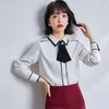 Koreanska Silk Kvinnor Satin Blus för Bow Slips S Kvinna Kontor Lady Tops Plus Storlekskjorta 210604