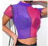 Women T-Shirt Summer Casual See-Through Sexy Ladies Sheer Mesh Tops Short Sleeve Turtleneck Slim Fit Color Block Party Clubwear 210522