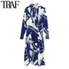 TRAF Kadınlar Chic Moda Düğmeleri ile Pileli Baskı Midi Elbise Vintage Uzun Kollu Vents Hem Kadın Elbiseler Vestidos 210415