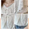 Verão de algodão blusa mulheres chic crochet borboleta oco manga curta camisa branca voando vôo v-pescoço tops blusas 13933 210521