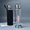 Crystal Point Bottle Portable Natural Reiki Quartz Gemstone Point Cup Stainless Steel Multi-Colored Drinkware Healing 500ML Hiking Camping Hydration Accessories