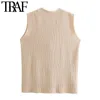 TRAF Women Fashion With Pockets Loose Ribbed Knitted Vest Sweater Vintage V Neck Button-up Female Waistcoat Chic Tops 210415