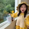 Nowy Jesień Koreański Styl Bawełna Solid Girls Księżniczka Długim Rękawem Sukienka z Koronką Fartuch Dwuczęściowy Kostium Kids Dresses Odzież dziecka Q0716