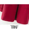 TRAF Women Fashion Office Wear Red Blazer Coat Vintage Long Sleeve Pockets Female Outerwear Chic Tops 210415