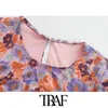 TRAF femmes mode imprimé fleuri drapé élastique robe mi-longue Vintage O cou à manches courtes femmes robes Vestidos Mujer 210415