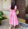 Summer Koreański Eleganckie Casual Kobiety Rękaw Puff O-Neck Sukienka Lace-Up Sukienka Vestidos 210531