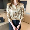 Korean Vintage Fashion Chiffon Pocket Tops Ladies Elegant Satin Silk Shirt Long Sleeve Professional Blouse Women 12804 210415