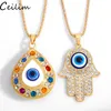Turkey Evil Blue Eye Necklace Sweater Chain Jewelry Crystal Fatima Hand Pendant Necklaces for Women