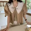 Elegant Lace Patchwork Bow Blouse Women Peter Pan Collar Pullover Short Sleeve Blusas Summer Shirt Feminino 210422