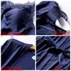 JULY'S SONG 4 Piece Sexy Pajamas Set Women Faux Silk Dressing Gown Lace Sling Shorts Summer Robe Sleepwear With Chest Pads 210928