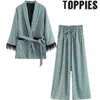 toppies Blue Printed Kimono Jacket with Feather Sleeves Wide Leg Loose Cuasal Trousers Women Vintage Clothing Suits 211117