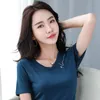 Yaz Kore Tarzı Modal Pamuklu T-Shirt Katı V Yaka Nakış Mektup Kadınlar Kısa Kollu Tops Tüm Maç Tees T14106A 210421