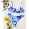 Sexy v-bar onderbrugde bikinis bloemen badmode vrouwen badpak vrouwelijke v-hals bikini set push-up strand slijtage zwemmen badpakken 210611