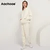 Aachoae sólido 100% algodón trajes mujeres conjunto polar pulóver sudaderas con capucha sudaderas pantalones casuales chándal de talla grande 210413