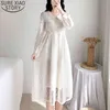 Plus Size S-4XL Sweet Lalki Kołnierz Długie Sukienki Kobiety Francuski Szyfonowa Koronkowa Sukienka Wysoka talia Vestido Midi Elegante 13017 210417