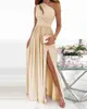 Women Party Bridesmaids Long Dress Hollow Out Sleeveless Solid Color Maxi Club Dress One Shoulder High Split Dress Robe Femme Y1204