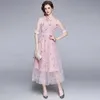 summer Elegant women half Sleeve Mesh Dress Flower Embroidery Stitching Lace High Waist 210531