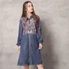 Johnature Trench Coat Denim Abbigliamento donna Autunno Cerniera con cappuccio Ricamo vintage Tempo libero Cappotti lunghi a vita larga 210521