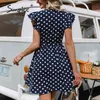 Mode Polka Dot Kvinnor Sommarknapp V-Neck Ruffle Ärmlös Casual Shirt Klänningar A-Line Vintage Spring Dress 210414