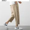 Sommar koreanska mode mens byxor streetwear hipster svart khaki grå dragsko midja raka ankellängd byxor 210528