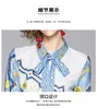 arrive Spring Fashion Designer Runway Suit Set Women's Long Sleeve Vintage Print Bowknot Tops + Pants Two Piece Set 210514