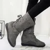 Sapatos de couro de calcanhar de botas Med Women Women Round Round Toe Lace Up Mid Calf Moda Moda Rock Rock Shoe Fahion 443