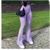 Femmes pantalon évasé côtelé tricoté mince élastique taille haute pantalons longs dames violet pantalons de survêtement femme Vintage vêtements 210522
