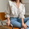 Estilo Coreano Vintage V-Neck Meio-manga Camisa Primavera Lace Ruffled Blusa Mulheres Moda Solta Slim Topo 13585 210521