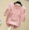 Rosa T-shirt Kvinnor T-shirt Kvinna Bomull Sommar Toppar T-shirt Kvinna Koreansk Stil Mode Beading Kläder Tee Femme 210604