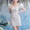 Summer Women White Lace Party Puff Sleeve Elegant Dama Sexy Mini Dress 210415