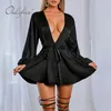 Summer Women Satin Mini Long Sleeve Sexy Silk Short Party Dress 210415
