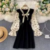 Autumn Winter Knitted Dress with Polka Dot Puff Sleeve Bow Tie V-neck Contrast Stitching Slim Short UK858 210506