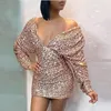 Casual Dresses 2021 Women Bodycon Dress Vestidos Sexig V-Neck Långärmad Silver Sequin Mini Celebrity Club Runway Evening Party