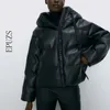 Vintage Hooded Faux Leather Parkas women PU Coats Korean warm thick parkas mujer plus size winter jacket 210521