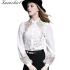 Fashion Cotton Linen Summer Women Flower Embroidery Hollow Out Long Sleeve Stitching Office Lady Shirt Tops 210416