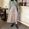 Panie Vintage Jesień Zima Kobiety Velvet Midi Spódnica Wysoka Talia Elegancka Chuda Czarna Długie Plisowane Spódnice Kobiet Koreański Odzież 210421
