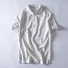 Bomull Linen Kortärmad Mens T-shirts Sommar Striped Slim Fit Collar T-shirt Man Kläder Plus Storlek 4XL Toppar Mäns Polos