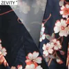 Zevity Women Vintage Cross scollo a V stampa floreale Kimono camicetta femminile Bow Sashes Camicie grembiule casual Chic Blusas Top LS7605 210603