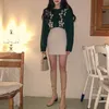 Women Short Cropped Sweater Knitted Crew Neck Cardigan Button Khaki Deep Green Embroidery Floral M0272 210514