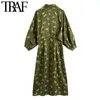 TRAF Women Chic Fashion Animal Print Midi Shirt Dress Vintage Lantern Sleeve Button-up Female Dresses Vestidos Mujer 210415