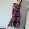 Women Floral Printing Chiffon Tiered Ruffle Midi Dress Female O Neck Puff Sleeve Loose Clothes Casual Lady Vestido D6695 210409