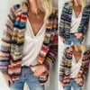 Vrouwen elegante multicolor print gebreide vest trui 2021 herfst winter lange mouw jas tops dames casual pocket truien