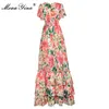 Sommer-Frauen-Kleid mit V-Ausschnitt, ausgestellte Ärmel, Blumendruck, elastische Taille, kaskadierende Rüschen, Urlaub, Party, Maxi-Kleider 210524