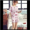 Kvinnor Sleepwear Ribbon Bow Lace Pläterad Ruffle Plus Storlek 4XL Stberry Print Sweet Korean Home Sleep Bomull 2 ​​Piece Short Tee Top 8Avop