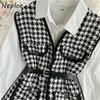 Neploe automne nouveau costume couleur unie Simple femmes Blouse + Chic ceintures taille mince Plaid lambrissé Patchwork gilet 2 pièces ensemble 210423