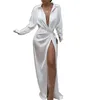 Robes décontractées Satin soie robe sexy à manches longues fête femmes boîte de nuit doux automne solide fendu rabattu robes de créateurs robes de soirée jupe 172