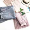 Elegant broderad mesh kjol Emale Spring Long Fairy Elastic Wasit En Line Flower Women Pleated Party Streetwear 210421