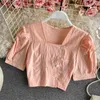 Koreaanse hoge taille knop korte top vrouwen schattige shirts zomer mouw ontwerp vintage bubble tops trend 210420