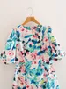 Plante Imprimer Col Rond Lanterne Manches Lâche Manches Courtes Robe Femme Harajuku Doux Vintage Casual Chic Robes Féminines 210507